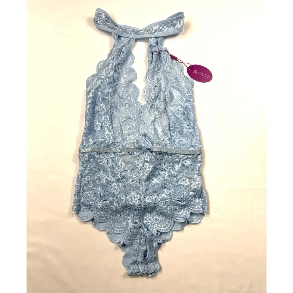 NWT AvidLove Sexy Blue Lace Lingerie Bodysuit with Intricate Floral Design